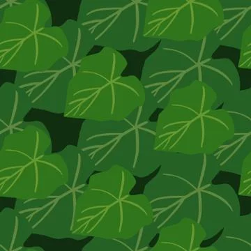 Simple green leaves seamless pattern on black background. Foliage wallpaper i Illustrazione stock