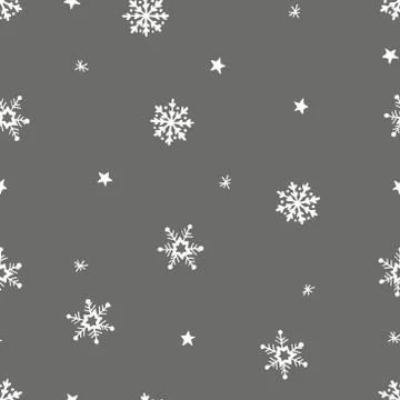 Simple grey festive seamless pattern with hand drawn white snowflakes. Christmas Stock Illustration