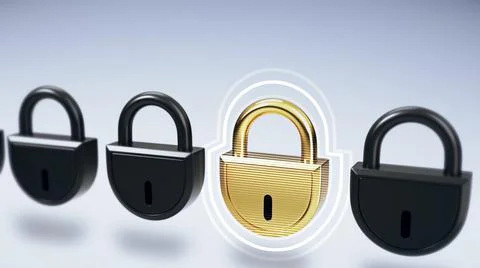 Simple group of black closed locks with one golden lock animation on light ba Stock Illustration