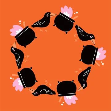 Simple Halloween circle frame. Cute Halloween frame border on orange background Stock Illustration