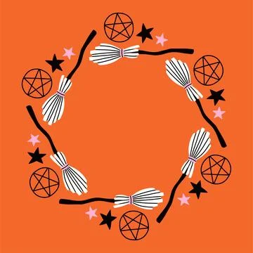 Simple Halloween circle frame. Cute Halloween frame border on orange background Stock Illustration