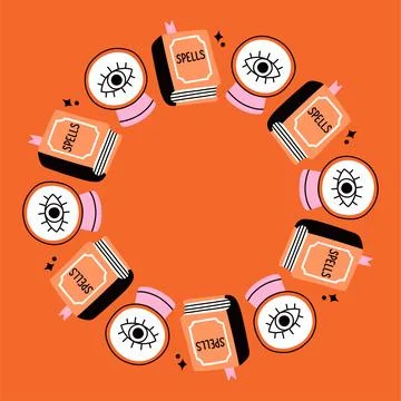 Simple Halloween circle frame. Cute Halloween frame border on orange background Stock Illustration