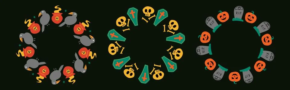 Simple Halloween circle frame set. Cute round borders on black background, .. Stock-Illustration