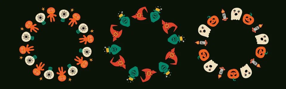 Simple Halloween circle frame set. Cute round borders on black background, .. Stock-Illustration
