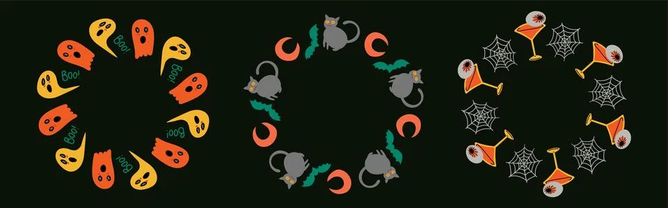 Simple Halloween circle frame set. Cute round borders on black background, .. Stock-Illustration