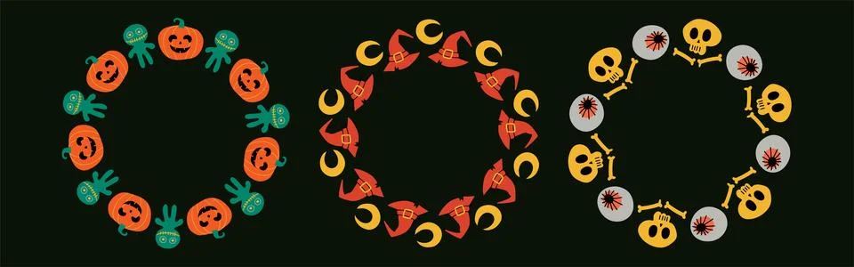 Simple Halloween circle frame set. Cute round borders on black background, .. Stock-Illustration