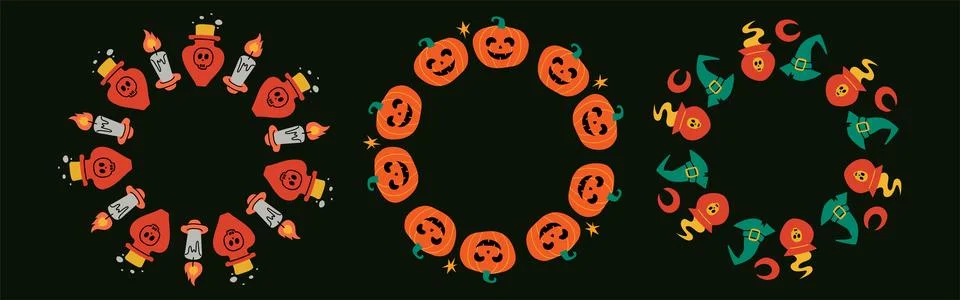 Simple Halloween circle frame set. Cute round borders on black background, .. Stock-Illustration