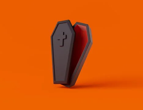 Simple halloween coffin 3d render illustration. Isolated object on yellow bac 스톡 일러스트