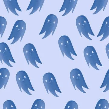 Simple Halloween seamless pattern with blue ghost icons on a blue background Stock Illustration