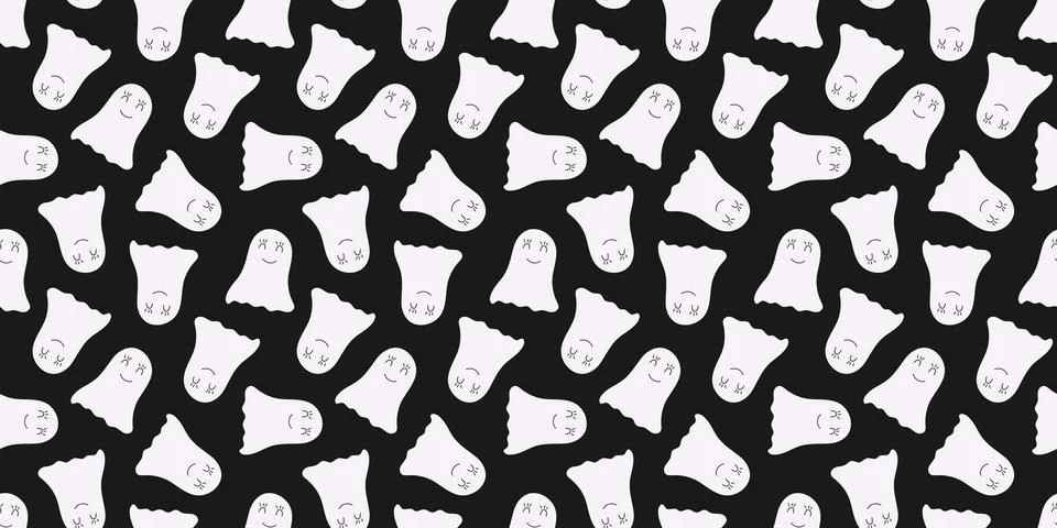 Simple Halloween Seamless Pattern with Ghosts. Black background with white .. Stock Illustration