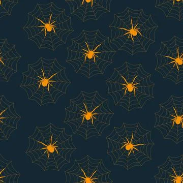 A simple Halloween seamless pattern with spider webs and yellow spiders on a  Stock Illustration