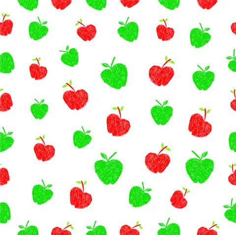 Simple Hand Draw Sketch Seamless red and green apple Pattern for Background,  Stock Illustration