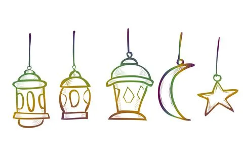 Simple Hand Draw Sketch Vector, Lantern, Star and Moon, Element Design or Tem Ilustração Stock