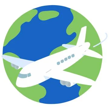 Simple hand drawn airplane flying around the planet earth flat colored Stock Illustration