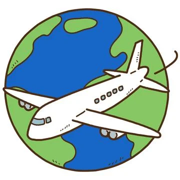 Simple hand drawn airplane flying around the planet earth outlined Stock Illustration