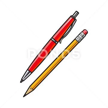 Simple hand drawn ball point pen and pencil, office supplies Stock Illustration