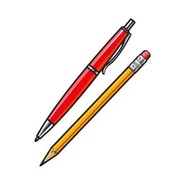 Simple hand drawn ball point pen and pencil, office supplies Stock Illustration