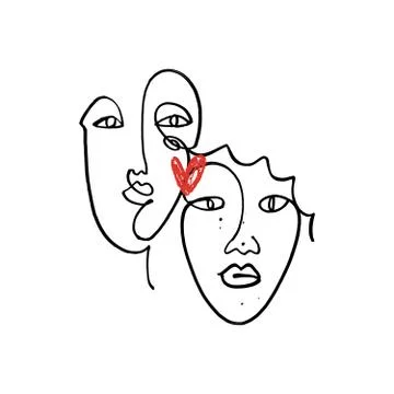 Simple hand drawn black and white trendy line portrait faces art. Color print Illustrazione stock