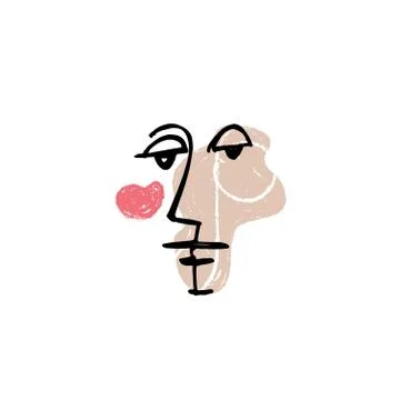 Simple hand drawn black and white trendy line portrait faces art. Color print Stock Illustration