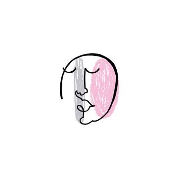 Simple hand drawn black and white trendy line portrait faces art. Color print Stock Illustration