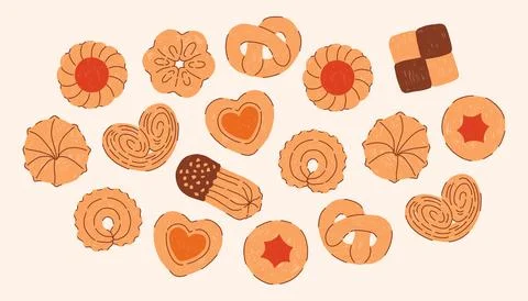 Simple hand drawn cookie set in a cute doodle style, featuring minimal shapes Stock Illustration