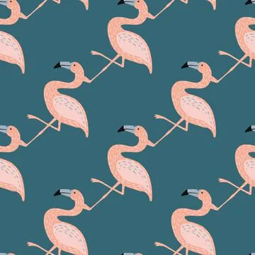 Simple hand drawn doodle seamless pattern with simple pink flamingo elements. Stockillustratie