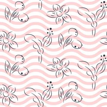 Simple hand drawn flower pattern and pink wavy lines vector design. Stock Illustration