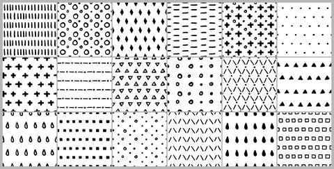 Simple hand drawn geometric pattern set. Abstract spots, dashes, dots, Stock Illustration