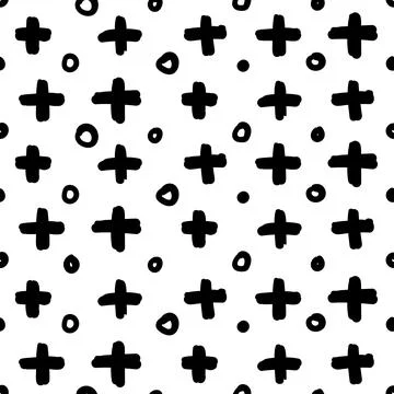 Simple hand drawn geometric pattern. Abstract spots, dashes, crosses in black Stock Illustration