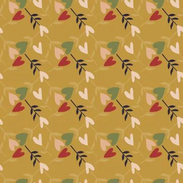 Simple hand drawn heart branches seamless pattern. Doodle print with ocher ba Stock Illustration
