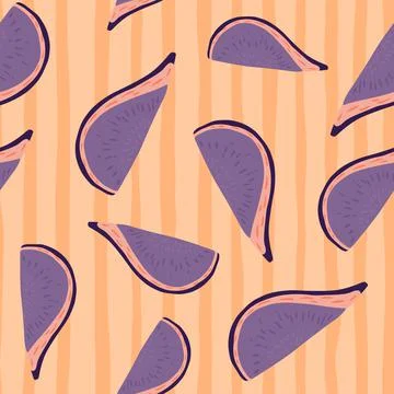 Simple hand drawn purple fig random seamless pattern. Pastel orange striped b Stock Illustration