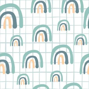 Simple hand drawn rainbow doodle seamless pattern on stripes background. Illustrazione stock
