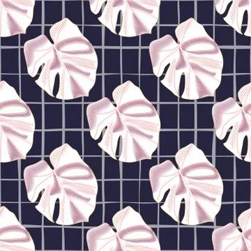 Simple hand drawn seamless pattern with white and lilac colored monstera foli Illustrazione stock