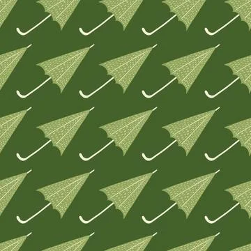 Simple hand drawn seamless pattern with umbrella silhouettes. Green olive pal Stock Illustration