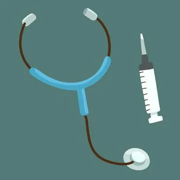 Simple hand drawn stethoscope and syringe flat colored Stock Illustration