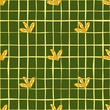 Simple hand drawn style seamless pattern with doodle yellow leaves print. Gre Stock Illustration