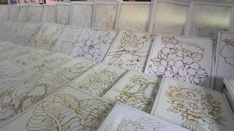 Simple Hand-Drawn Wax Canting Patterns on Framed Fabric for Beginner Batik Art Stock Footage 333478336
