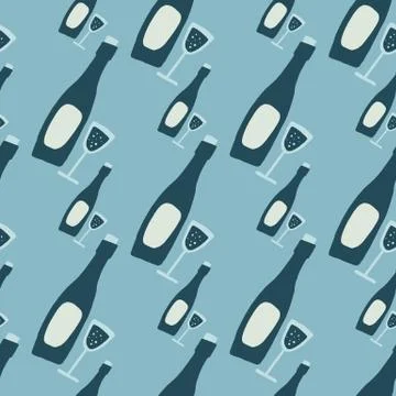 Simple hand drawn wine bottle seamless pattern. Stylized alcohol shapes in na 스톡 일러스트