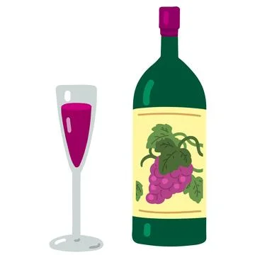 Simple hand drawn wine bottle and wine glass flat colored Stock Illustration