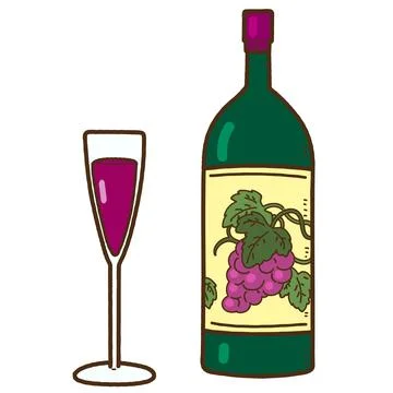 Simple hand drawn wine bottle and wine glass outlined Stock Illustration