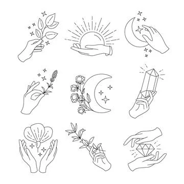 Simple hand logo, boho emblems, esoteric logotype design. Magic feminine touch Stockillustratie
