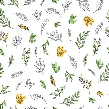 Simple hand-painted line art vector illustration with leaves. The seamless Stock Illustration