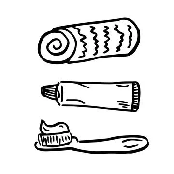 Simple handle toothbrush with toothpaste for brushing teeth, towel, dental Ilustración de archivo