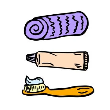 Simple handle toothbrush with toothpaste for brushing teeth, towel, dental Ilustración de archivo