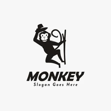 Simple hanging Monkey logo vector design, monkey holding hat logo Stock Illustration