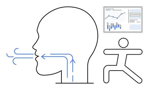 Simple head illustration with air flow, stick figure doing yoga, and data cha Stock Illustration