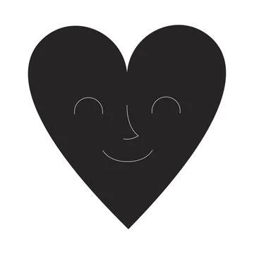 Simple heart shape with gentle smiling face 2D black filled object Stock Illustration