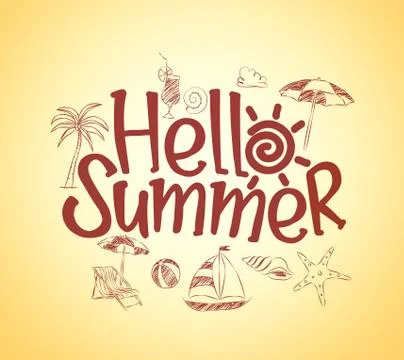 Simple Hello Summer Poster Design with Hand Drawing Vector Elements Illustrazione stock