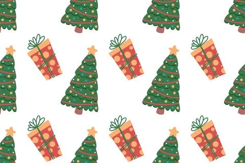 Simple holiday seamless pattern with a Christmas tree and gift boxes. Stock Illustration