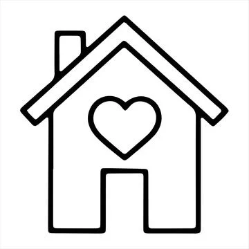 Simple Home with Heart Shape in Black and White Outline Style Stock Illustration